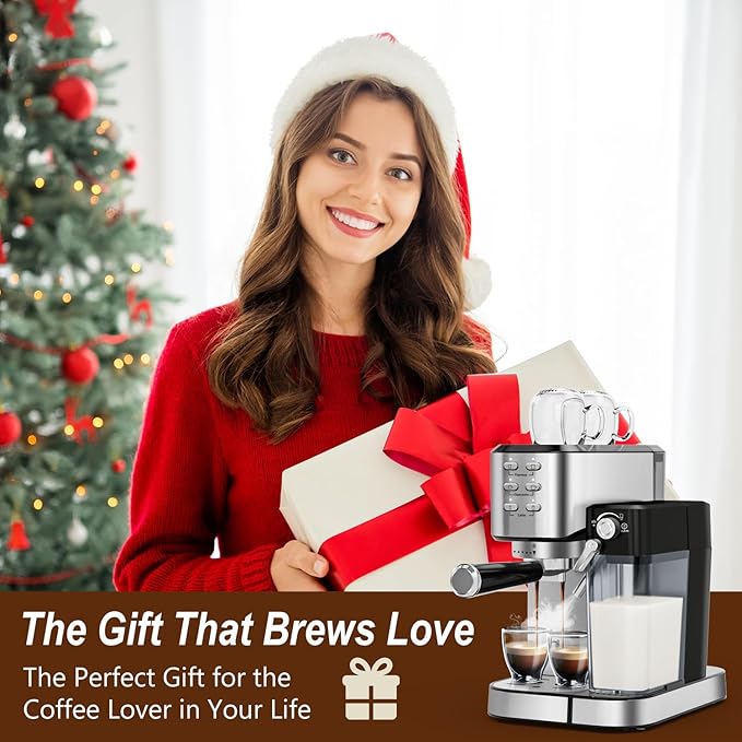 Espresso Machine 20 Bar, Coffee Maker with Automatic Milk Frother, 6-in-1 One-Touch Small/Large Shot, Espresso Maker for Cappuccino/Latte, Compact for Home and Office, Stainless Steel