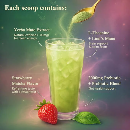 Yerba Mate Instant Tea Powder, 3-in-1 Super Bloom Energy Drink, Low Sugar, Supports Mental Clarity, Containing Prebiotics and Probiotics | Strawberry Matcha Flavor 30 Servings