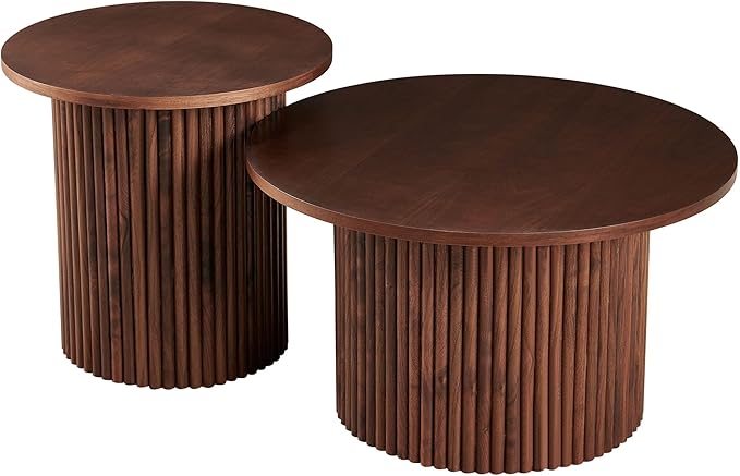 NORDICANA Nesting Round Coffee Table Set of 2, Boho 2 Piece Side Table End Table Set for Living Room Bedroom, Manufactured Wood Top with Walnut Veneer