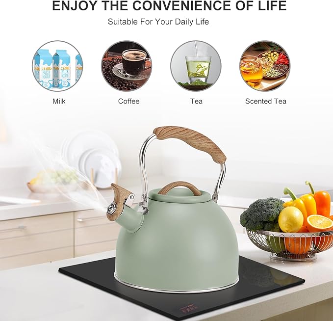 Tea Kettle, Vegoran 100 OZ / 3 Liter Whistling Tea Kettle, Tea Pots for Stove Top Food Grade Stainless Steel with Wood Pattern Folding Handle, Loud Whistle Kettle for Tea, Coffee, Milk (Green)
