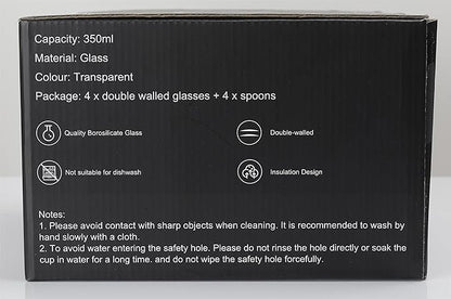 LIBWYS 4 Pack Double Walled Coffee Cups Glasses Mugs 12oz, Espresso Cappuccino Latte Tea Cups with Handle, Heat Resistant Borosilicate Clear Glasses 350ml