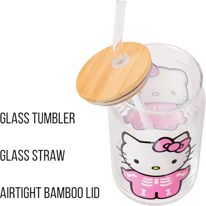 Silver Buffalo Sanrio Hello Kitty Halloween Spooky Skeleton Glass Jar Tumbler with Bamboo Lid and Glass Straw, 16 Ounces