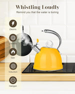 Load image into Gallery viewer, Harriet Tea Kettle Stovetop, 2.5 QT Whistling Stainless Steel Teapot, 3-Layer Base, Unique Ergonomic Handle, Includes Pot Holder &amp; Mat, Electric/Induction/Gas Stovetops Applicable, Yellow