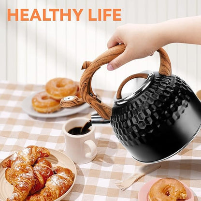 Whistling Teapot, 2.6 Qt 304 Food Grade Stainless Steel Tea Kettle with Heat-resistant Handle, Durable, not Rust，One-button Switch(BLack）