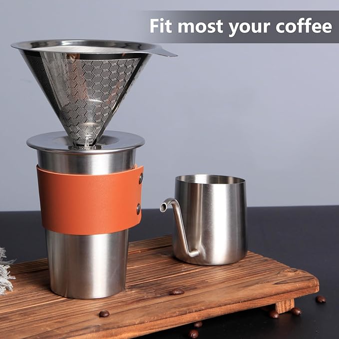 Pour Over Coffee Maker 1-4 Cup, V60 Pour Over, 18/10 Stainless Steel Laser Coffee Dripper, Fine Mesh Double Layer Metal Cone Filter, Colador De Cafe