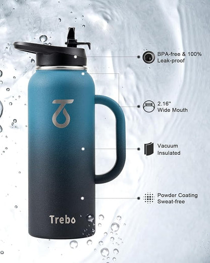 Trebo 40oz Water Bottle Insulated with Handle, Stainless Steel Metal Large Jug,Travel Flask with Straw Spout Lid,Mug Tumbler Cup with Carry Pouch,Keep Cold Hot, Indigo Black
