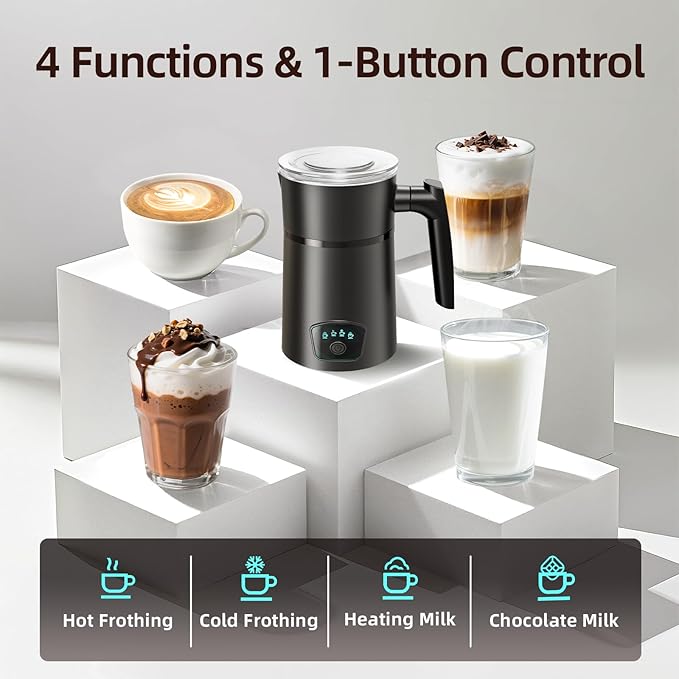 Milk Frother, 4 in 1 Electric Milk Steamer, Hot and Cold Foam Maker, 1 min Fast Frothing, 11.8 oz/350 mL Milk Warmer, Frother for Latte, Cappuccino, Temperature Control, Auto Shut-Off