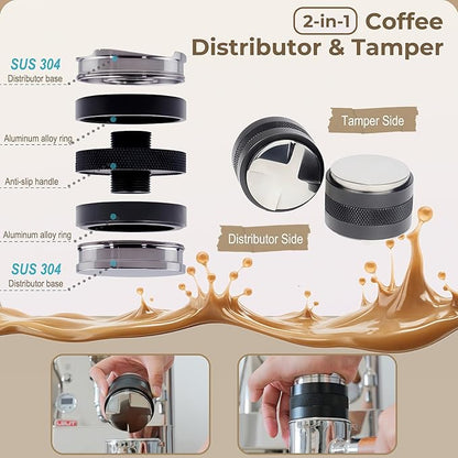 58mm Coffee Distributor & Tamper - Dual Head Adjustable Depth for Breville Barista Pro/Express/Touch - 304 Stainless Steel Coffee Leveler and Hand Tamper, Black