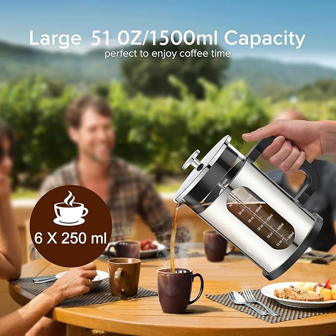 QUQIYSO French Press Coffee Maker 51oz 304 Stainless Steel French Press with 4 Filter, Borosilicate Glass Coffee Press