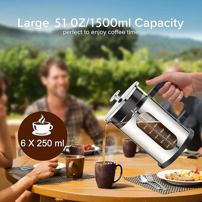 QUQIYSO French Press Coffee Maker 51oz 304 Stainless Steel French Press with 4 Filter, Borosilicate Glass Coffee Press