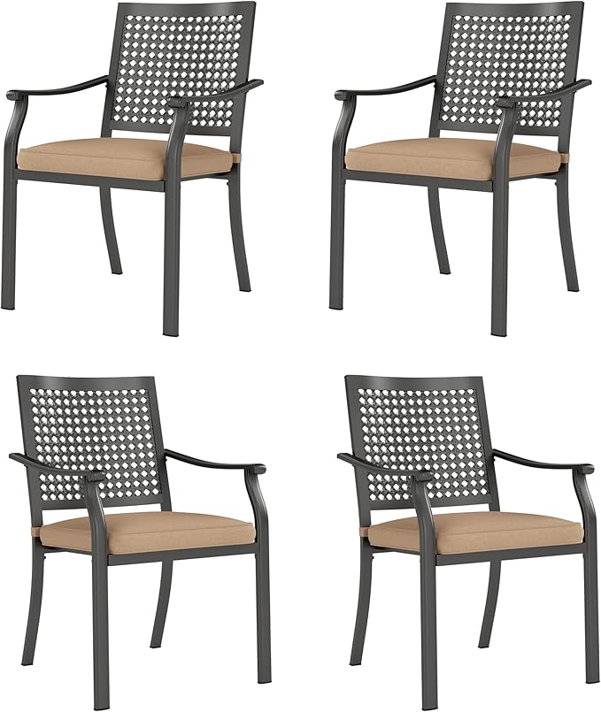 PHI VILLA Outdoor Metal Dining Chairs Set of 4, Black Wrought Iron Stackable Chairs with Cushions, Heavy-Duty Seating Furniture for Patio, Deck, Yard, Porch