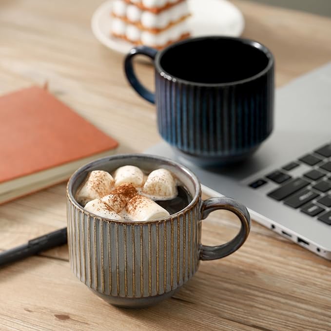 HASENSE Coffee Cups Set of 4 with Stand, 15 OZ Stackable Coffee Mugs with Handle for Tea, Cocoa, Cappuccino, Latte and Americano, Porcelain Vertical Stripe Coffee Cups for Men and Women, Colorful