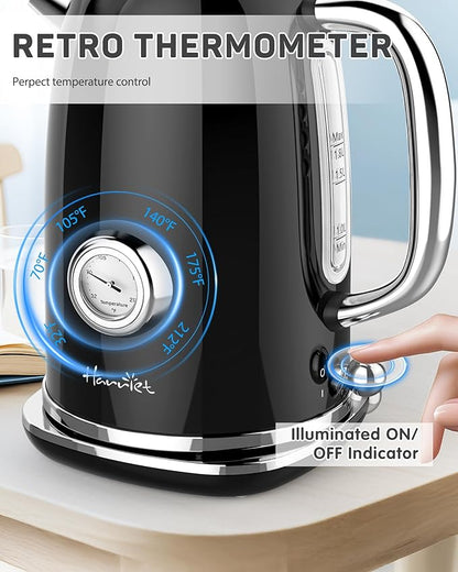 Harriet Electric Kettle, 1.8L Retro Electric Tea Kettle with Thermometer, 1500W Stainless Steel Hot Water Kettle Electric with LED Indicator, Fast Boiling, Cordless, Auto Shut-Off, Black