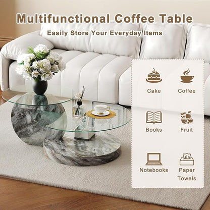 42 Inch Glass Coffee Table，Round Coffee Table with 2-Tier Tempered Glass Tabletop，Easy to Clean Circle Coffee Table with Sturdy Base for Living Room，Office (Light Gray Marble Colored Base
