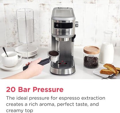 Frigidaire Steam Espresso Maker, Coffee Machine with Milk Frother & Cup Warmer, 20 Bar Pressure, 34 oz Removable Water Tank, Single or Double Shot, Stainless Steel