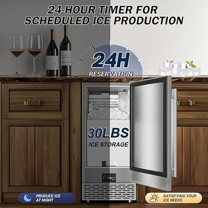 Commercial Under Counter Ice Maker Machine - 120 LBS/Day, Built in Installation, Auto-Clean,Reversible Door, Built 25LBS Ice Storage, Stainless Steel Ice Machine for Home & Business Outdoor Use