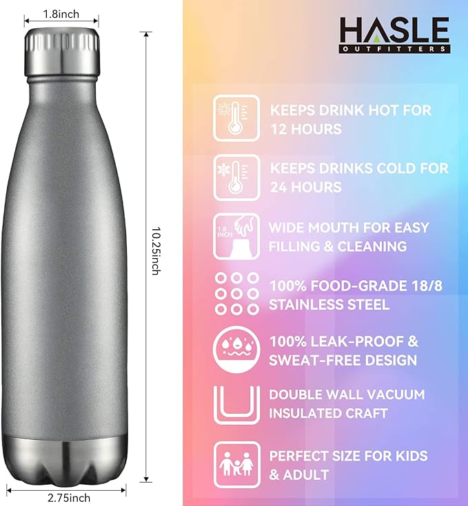 HASLE OUTFITTERS 17oz Stainless Steel Water Bottles Bulk, Vacuum Insulated Water Bottles Double Walled Reusable Metal Sports Water Bottles Keep Drinks Hot and Cold, Gray, 4Packs
