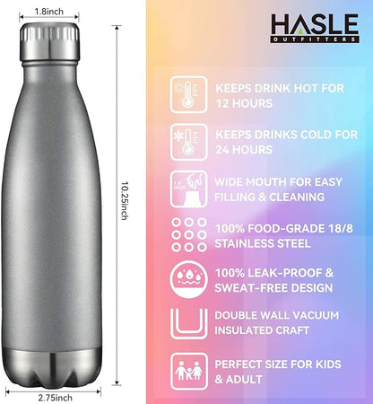 HASLE OUTFITTERS 17oz Stainless Steel Water Bottles Bulk, Vacuum Insulated Water Bottles Double Walled Reusable Metal Sports Water Bottles Keep Drinks Hot and Cold, Gray, 8Packs