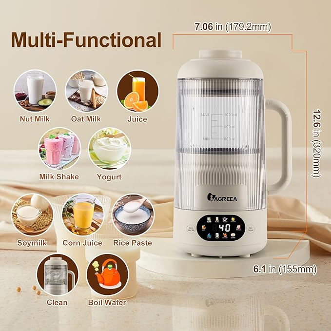 IAGREEA 35oz Noise Reducing Nut Milk Maker Machine, 10 in 1 Automatic Soy Milk Maker with 8 Blades, Homemade Oat, Juice, Yogurt, Milk Shake, 12H Delay, 6H Keep Warm, BPA-Free, Self-Cleaning