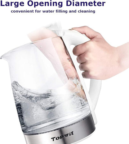 Topwit Electric Kettle Glass Electric Tea Kettle, 2L BPA-Free Hot Water kettle, Stainless Steel Inner Lid and Bottom Water Warmer, Fast Heating with Auto Shut-Off and Boil Dry Protection, White