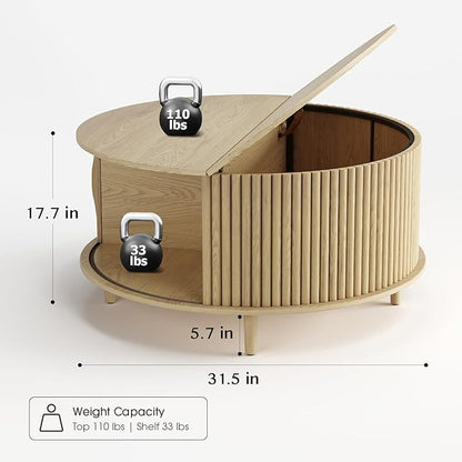 Round Coffee Table with Storage,Mid Century Modern Dining Table with Sliding Cabinet Door for Living Room,Home Small Space,31.5" Small Center Table,Oak