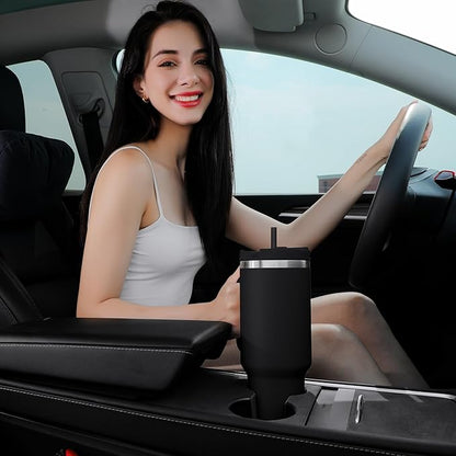 40oz Tumbler with Handle,Double Wall Vacuum Reusable Stainless Steel Insulated Water Bottle,With Leak Proof lid and Straw for Iced or Cold Beverages (Black)