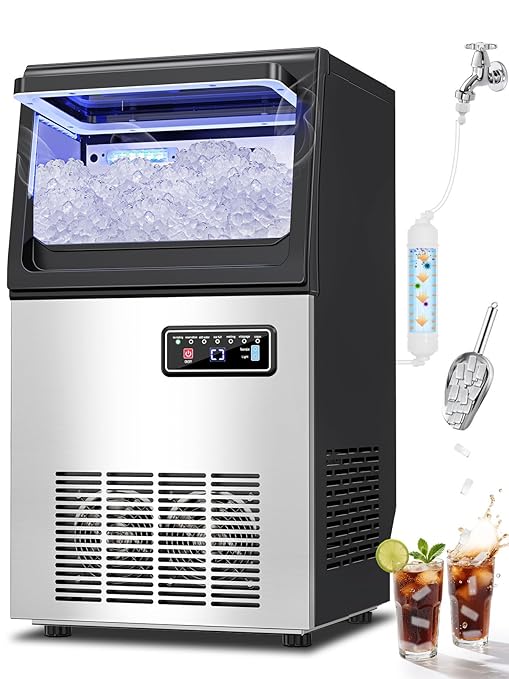Commercial Nugget Ice Maker Machine with 12Lbs Storage Bin, 70Lbs/24H Stainless Steel Undercounter/Freestanding Pellet Crushed Chewable Ice Maker with Self-Cleaning for Home, Party, Office