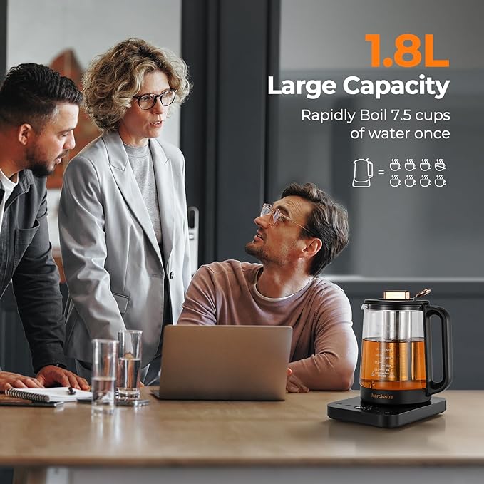 Narcissus Electric Kettle Temperature Control ±5℉, 1.8L Glass Electric Tea Kettle with Removable Infuser for Flowers & Fruit Tea, 1200W Fast Boiling, 6 Hours Keep Warming, Black