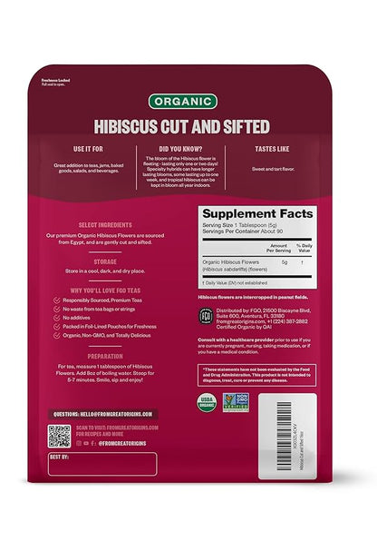 FGO Organic Hibiscus Flowers, Cut and Sifted, 16oz Bulk Resealable Bag, Packaging May Vary (Pack of 1)