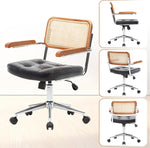 Load image into Gallery viewer, Rattan Office Chairs, Modern Rattan Desk Chair with Natural Back &amp; Wood Armrest, Small Upholstered Tufted Leather Home Office Desk Chairs for Home Office, Bedroom, Study, Black