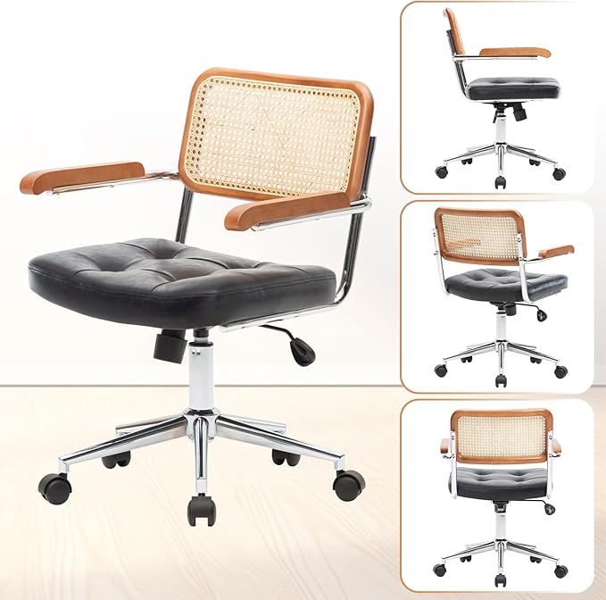 Rattan Office Chairs, Modern Rattan Desk Chair with Natural Back & Wood Armrest, Small Upholstered Tufted Leather Home Office Desk Chairs for Home Office, Bedroom, Study, Black