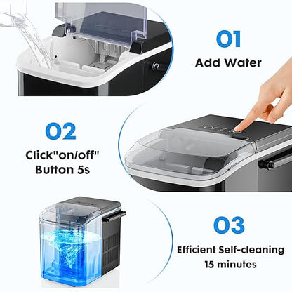 Sweetcrispy Countertop Ice Maker Machine, Portable Self-Cleaning Ice Machine with Ice Scoop, Basket and Handle, 9 Cubes in 6 Mins, 26.5lbs/24Hrs, 2 Sizes of Bullet Ice for Home Kitchen, Coal Black