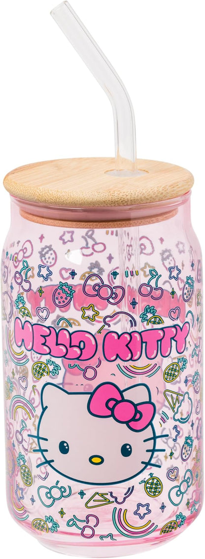 Silver Buffalo Sanrio Hello Kitty Neon Fruits Rainbows and Hearts Pattern Glass Jar Tumbler with Bamboo Lid and Glass Straw, 16 Ounces