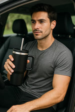 Load image into Gallery viewer, 40oz Black Stainless Steel Tumbler with Handle &amp; Straw Lid – Insulated Travel Mug for Hot &amp; Cold Drinks – Gift for Men &amp; Women – Durable Leak-Proof Reusable Cup, Cupholder Friendly