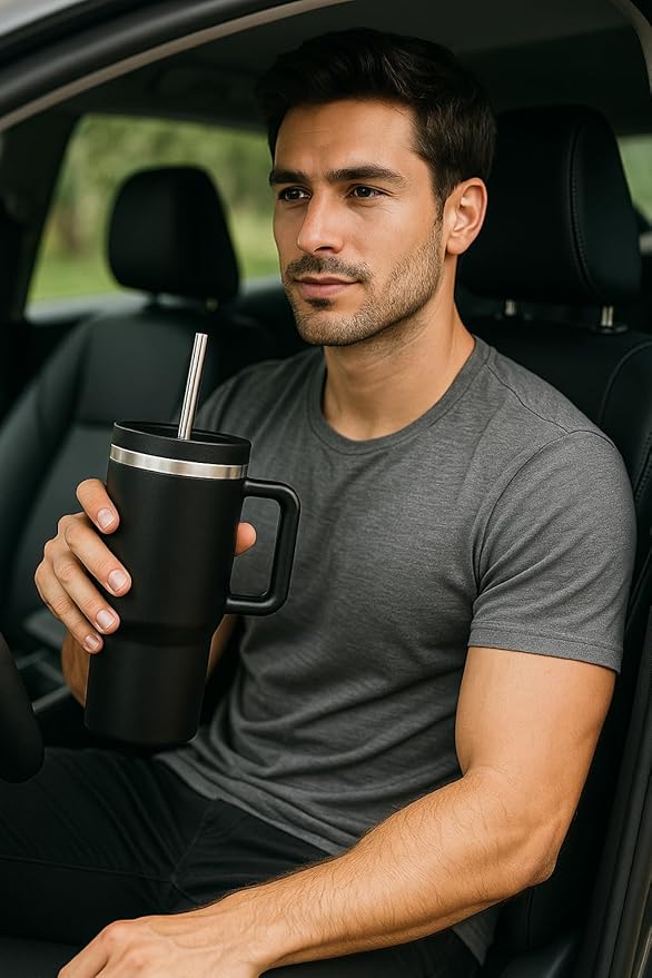 40oz Black Stainless Steel Tumbler with Handle & Straw Lid – Insulated Travel Mug for Hot & Cold Drinks – Gift for Men & Women – Durable Leak-Proof Reusable Cup, Cupholder Friendly
