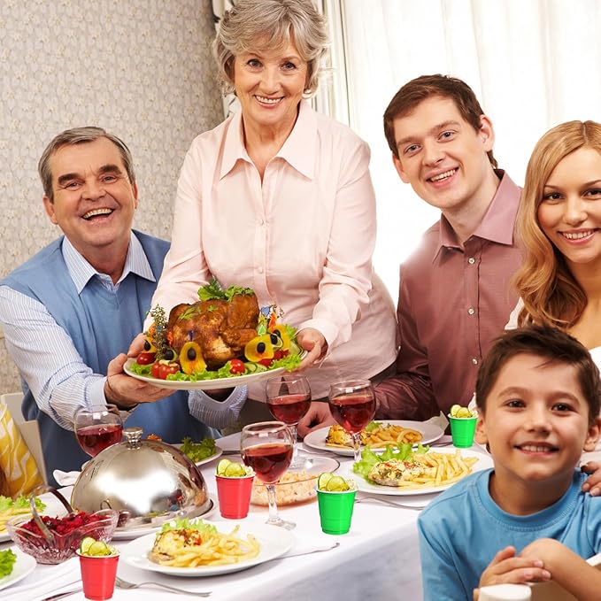 100 Pack 2 oz Plastic Shot Glasses Disposable Shot Cups, Mini 2oz Party Cups for Christmas, Birthday, Wedding, Bachelorette Party, Baby Shower Supplies (Red, Green)