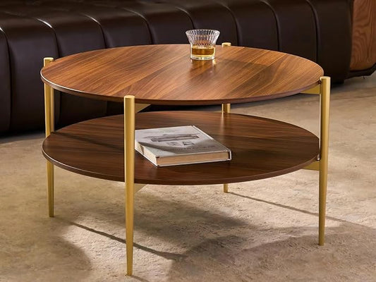 Shrine Round Glass Coffee Table, Mid-Century Modern Design, D30 x H17 in, Two-Tier Round Table with Walnut MDF Shelves, Sleek Conical Metal Legs with Gold Finish