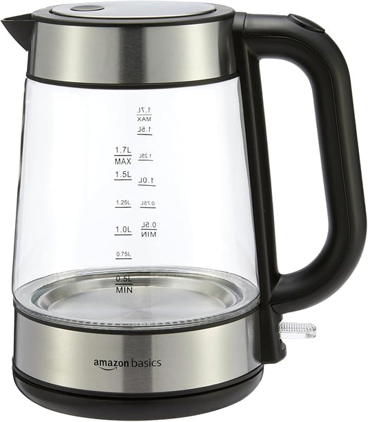 Amazon Basics Electric Kettle with Glass Carafe for Tea and Coffee, BPA-Free, Fast Boiling, Auto Shut-Off, 1.8 Quarts, 1500W, Black and Silver