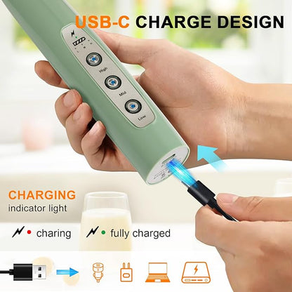 YUSWKO Granite Rechargeable Milk Frother for Coffee with Stand, Handheld Drink Mixer with 3 Heads 3 Speeds Electric Stirrers for Latte, Cappuccino, Hot Chocolate, Egg