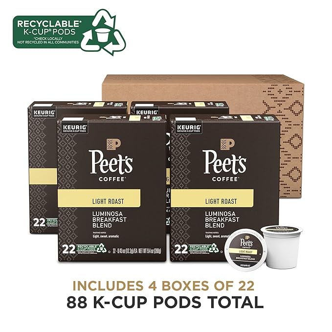 Peet's Coffee, Light Roast K-Cup Pods for Keurig Brewers - Luminosa Breakfast Blend 88 Count (4 Boxes of 22 K-Cup Pods)