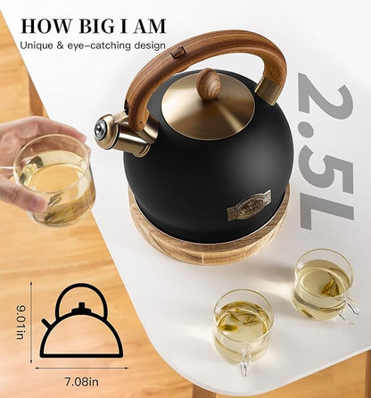 Tea Kettle & Tea Pot, 2.64 Quart Food Grade Stainless Steel Induction Whistling Tea Kettle for Stove Top Home Daily Use Teapot with Cool Touch Ergonomic Handle Polished Black