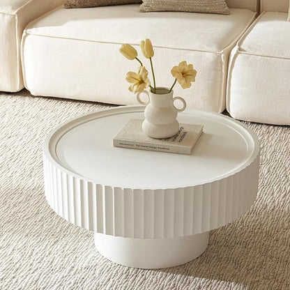 Round Coffee Table, Modern Living Room Tables with Mushroom Shape and Grooved Design, Circle Accent Pinewood Center Table for Living Room, Apartment (White, 31.8''L×14.9''H)