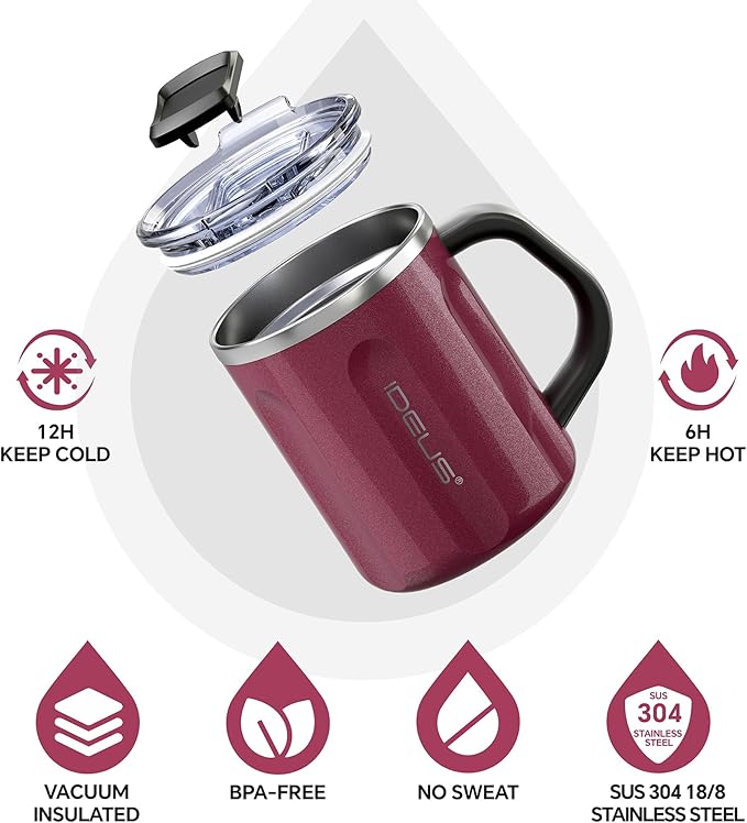 Ideus 16 oz Coffee Cup, Stainless Steel Coffee Travel Mug, Spill Proof Tea Mug with Handle and Lid, Lightweight and Durable, Great for Office Home and Outdoor Use, Red
