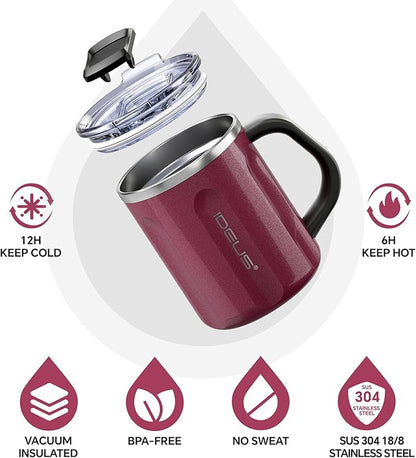Ideus 16 oz Coffee Cup, Stainless Steel Coffee Travel Mug, Spill Proof Tea Mug with Handle and Lid, Lightweight and Durable, Great for Office Home and Outdoor Use, Red