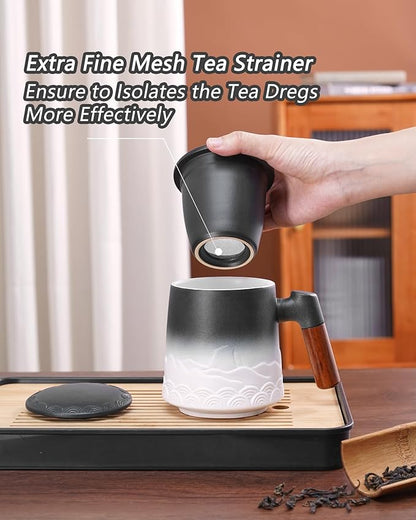ZENS Tea Mug with Infuser and Lid for Loose Leaf Tea Steeper, 16.9oz Embossed Ceramic Tea Cup with Fine Tea Strainers, Wood Handle Large Diffusers Mugs for Tea Lovers Gifts