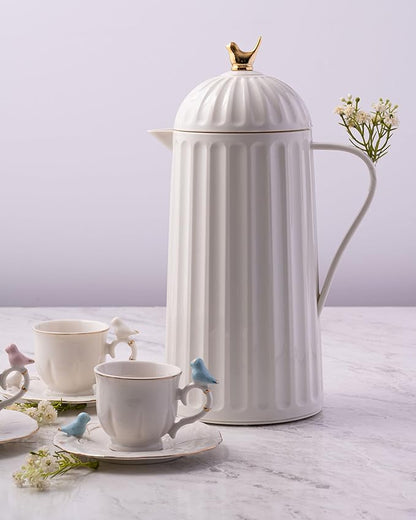 WOLFF 1 Liter White Bird Thermal Coffee Carafe, Plastic Exterior with Glass Lining Insulated Beverage Dispenser for Hot and Cold Drinks, Thermos Bottle for Tea, Water Pitcher - White, 34floz/1L