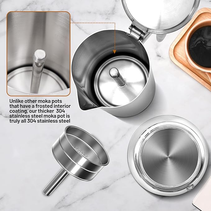 No Coating 12 Cup Thickened 304 Stainless Steel Moka Pot Stovetop Espresso Maker Italian Coffee Machine 600ml 20.3oz Suitable for Gas Induction Stovetop Greca Coffee Maker Percolator