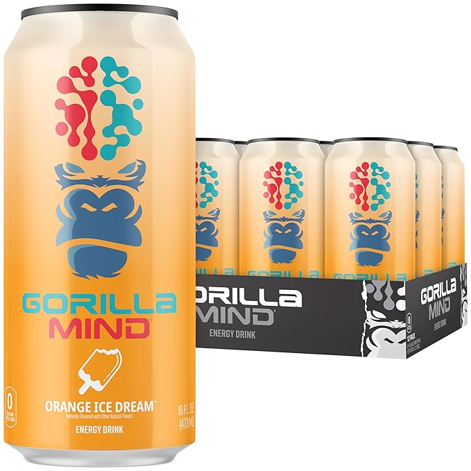 Gorilla Mind Energy Drink | Unmatched Energy · Amplified Focus | N-Acetyl-L-Tyrosine, Alpha-GPC, 200mg Caffeine, Uridine, Saffron | 0 Sugar Or Artificial Colors | 16oz, 12-Pack (Orange Ice Dream)