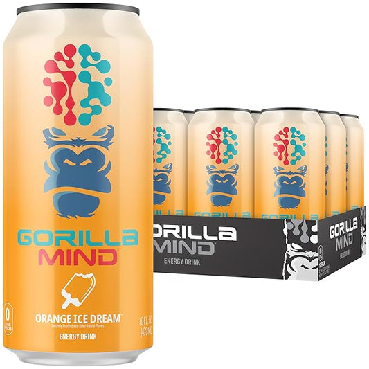 Gorilla Mind Energy Drink | Unmatched Energy · Amplified Focus | N-Acetyl-L-Tyrosine, Alpha-GPC, 200mg Caffeine, Uridine, Saffron | 0 Sugar Or Artificial Colors | 16oz, 12-Pack (Orange Ice Dream)