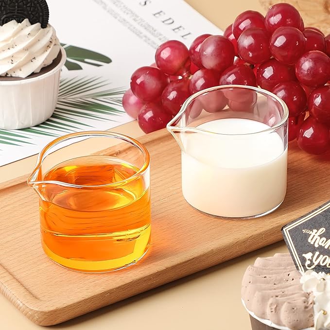 Leinuosen 4 Pcs Small Glass Creamer Pitcher Set Transparent Mini Poured Glass Tea Pitcher, Milk and Coffee Serving Jugs for Tea Milk Coffee (No Handle Style)